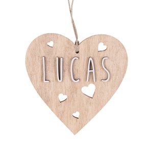 Corazón personalizable de 9 cm color madera con letras blancas