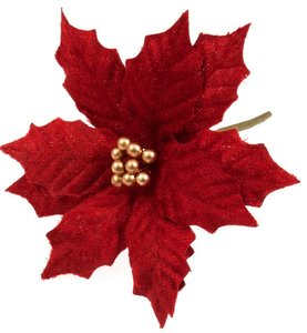 Flor de tela con adornos Poinsettia Medium Red Velvet